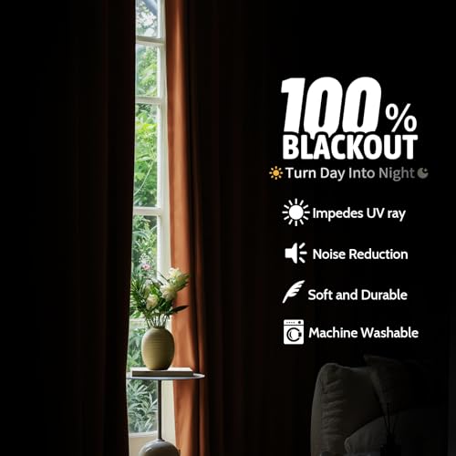 Image of COSVIYA Brunt Orange 100% Blackout Curtains for Bedroom with White Back | 2 Thick Layers Full Room Darkening Thermal Insulated Curtain,Grommet Window Drapes for Living Room, 52x84 Inch, 2 Panels