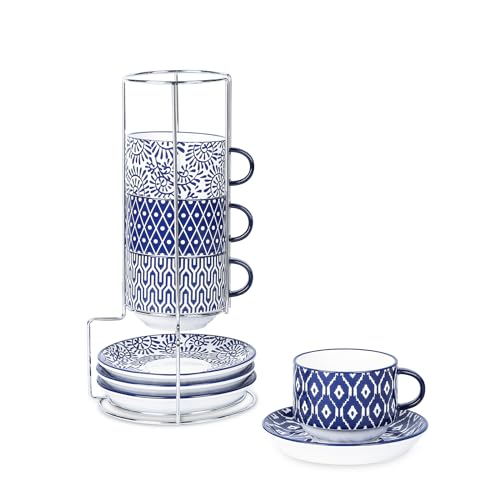 Selamica Ceramic Cappuccino Cups with Saucers and Metal Stand, 8 ...