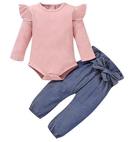 Newborn Baby Girl Outfits,Infant Long Sleeve Ruffle Tops Romper Bodysuit and Floral Pants Clothes with Headband 3PCS