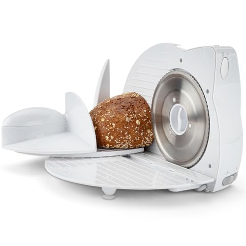 Foto von Clatronic® Allesschneider | 3 Stufen | Brotschneidemaschine mit Edelstahl Spezialmesser | stufenlos einstellbare Schnittstärke | 180 Watt | Fingerschutz | für Obst, Brot, Käse uvm. | AS 2958 weiß