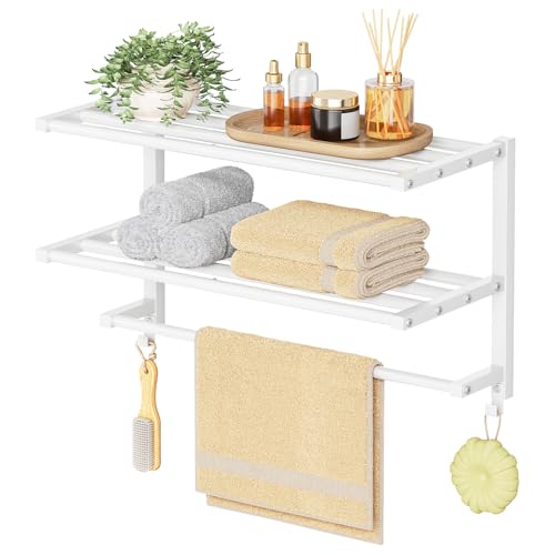 HOOBRO 23.8″ Towel Rack for Bathroom, 3 Tier Towel Shelf with Tower Bars, Bathroom Storage Organizer for Towels and Toiletries, Towel Holder Wall Mounted with 2 Hooks, White WT08LB01