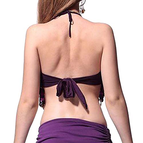 Wuchieal Sequin Halter Bra Top Salsa Belly Dance Boho Festival Clubbing Tribal Bra BH Top (One Size, Purple with Colorful Beads) - Image 4