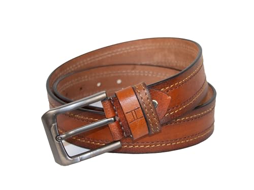 Men's Genuine Leather Belt, 40 MM Width, Tan Brown, Chrome Buckle, Designer Stitching