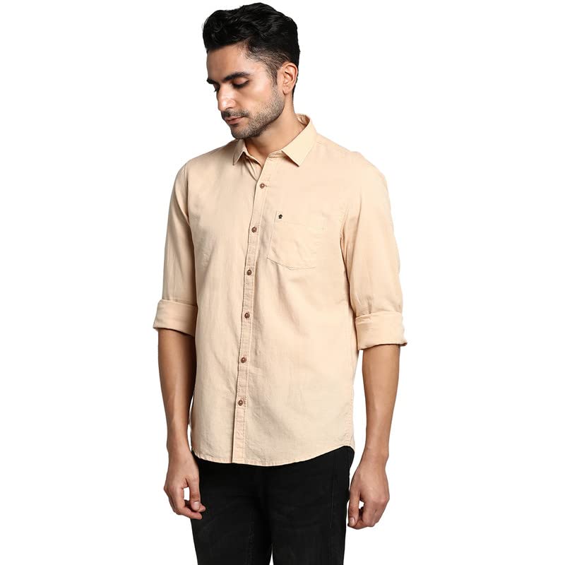 Image of Turtle Men Cotton Linen Beige Slim Fit Solid Formal Shirts