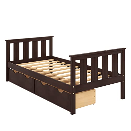 Twin Bed Frame With Storage Drawers Wood Platform Beds With Headboard And Footboard, Twin Size Wooden Panel Bed With Slat Support For Kids Boys Girls Teens, No Box Spring Needed, Espresso #TOP4