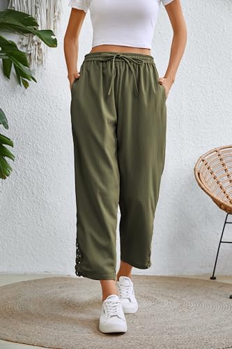 Women Casual Lightweight Drawstring Elastic Waist Cropped Linen Pants Fall Spring Slacks Capri Pants Trendy Fashion 2025 Beach Trousers with Pockets Green X-Large4