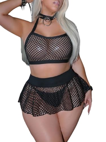 SOLY HUX Womens Plus Size Fishnet Lingerie Sexy Mesh Badydoll Hollow Out Halter Bra and Thong Panty Sets with Skirts Plain Black XX-Large Plus