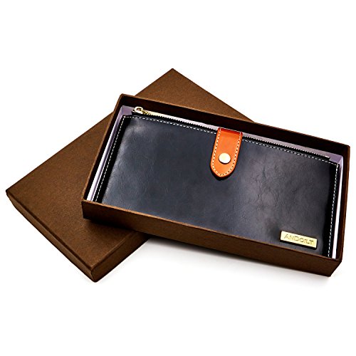 Andoilt Womens Genuine Leather Wallet Rfid Blocking Credit Card Holder Zipper Purse Cell Phone Handbag Black #TOP5