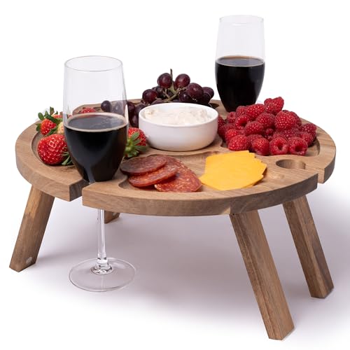 Portable Wine Picnic Table with 4 Wine Glasses Holder, Acacia Nat...