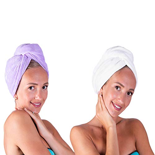 sam reliability - 2 Drying Hair Turban wrap Towels 100% Microfiber, Soft & Super Absobent One White & One Lilac (for Girls).