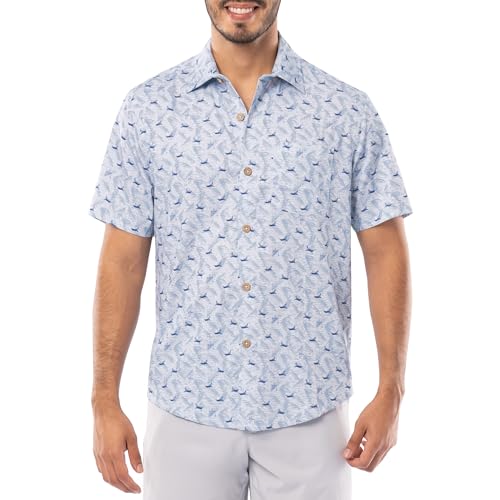 Guy Harvey Men’s Short Sleeve Button Down Resort Shirt, Bright White/Big Palms, X-Large