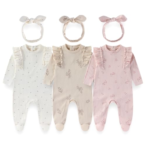 Miki fox Baby Girls 3-Piece Cotton Floral Outfit Set with Headband Soft Infant Romper Newborn baby clothes