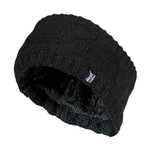 Heat Holders - Ladies Thick Cable Knitted Fleece Lined Thermal Winter Empty Skull Ear Warmer Headband (One Size, Black) Cover
