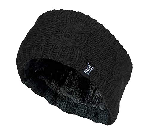 Heat Holders - Ladies Thick Cable Knitted Fleece Lined Thermal Winter Empty Skull Ear Warmer Headband (One Size, Black)