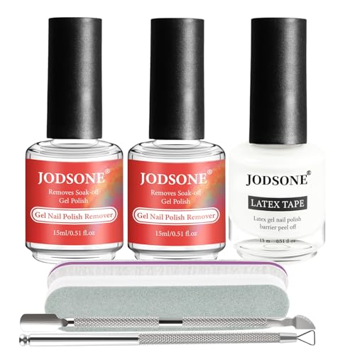Image of JODSONE Gel Nail Polish Remover Kit 2Pcs Gel Remover 1Pc Latex Tape Liquid Professional Soak Off Gel Nail Removal Set for Nail Art Manicure Pedicure at Home Includes Sanding Strips and Steel Pushers