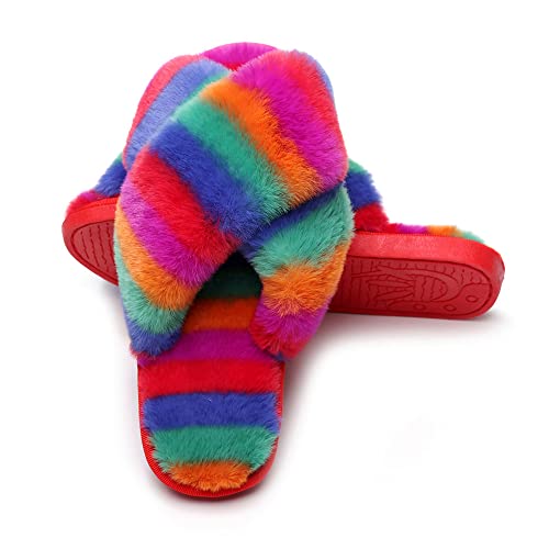 Fayuekey Women's Soft Fuzzy Furry Slippers Cross Band House Memory Foam Plush Open Toe Comfy Slides Indoor Outdoor (8-9, Rainbow R, Numeric_8) #TOP2