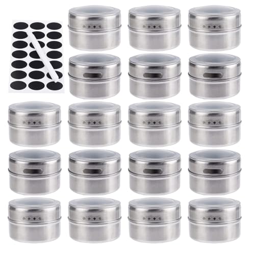 18 Pack Magnetic Spice Jars with Lid, 100 ml Stainless Steel Spice Storage Containers for Kitchen, Include Spice Label and Pen, Clear Top Lid with Sift or Pour, Magnetic on Refrigerator and Grill