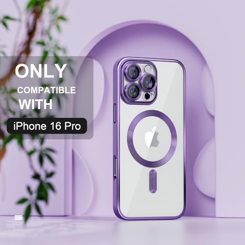 Image of Misea Magnetic for iPhone 16 Pro Case Compatible with MagSafe | [Never Yellowing] [Military Drop Protection] Full Camera Lens Protector Plating Soft Clear Phone Case for Women, Deep Purple