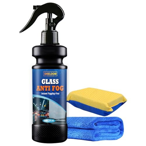 SHIELDOM Anti-Fog Spray for Glass Car Windshield Defogger Prevents Fogging of Interior Glass, Mirrors, Windows, Visors, Glasses, Goggles, Shower Door with Defogging & Cleaning Sponge, Towel 4oz/120ml