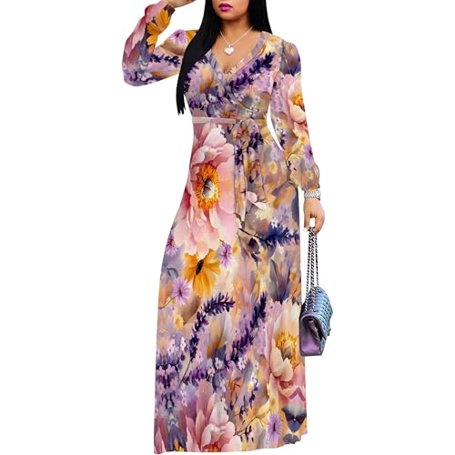 Image of PinkPatty Women's Long Sleeve Maxi Dress Plus Size Trendy Wedding Guest Dress with Pockets&Belt