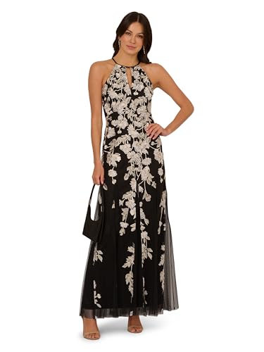 Adrianna Papell Women's Halter Embroidered Godet Gown4