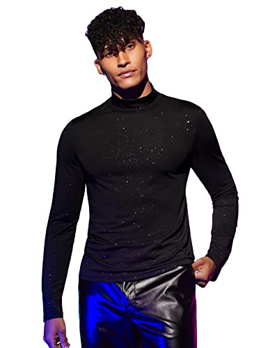 WDIRARA Men's Mock Neck Long Sleeve Party Dance Club Glitter Fitted Top Tshirt