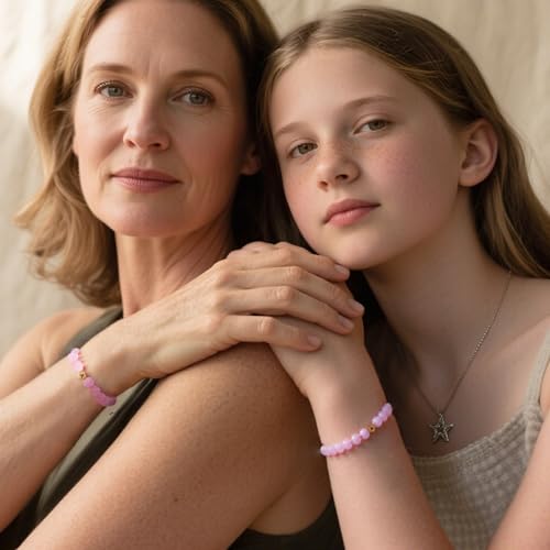 Mother Daughter Bracelets,2 Pcs Pink Heart letter healing beads bracelet for women,matching bracelets for mom and daughter| Mothers Day Christmas Birthday Homecoming Gifts for Women4