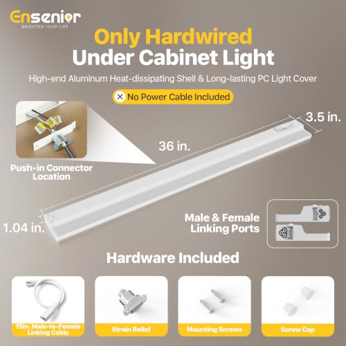Image of Ensenior Hardwired Under Cabinet Lighting, 36 Inch 18W Under Cabinet Lights | Built-in 4-Level Dimmer & Switch, Premium Aluminum, Easy Link, True-color CRI 90+, 5 Colors, Moisture-Proof, FCC