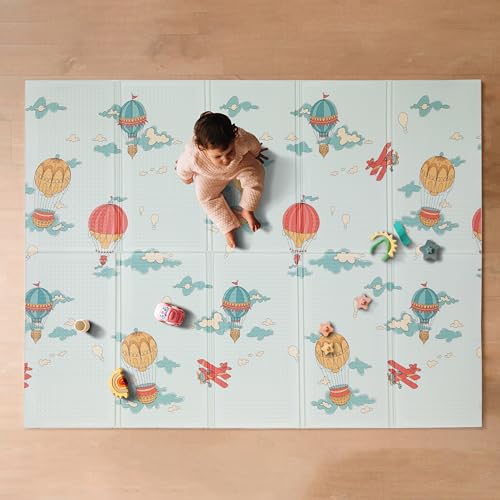 Image of Nuby Reversible Baby Floor Mat - Foldable and Lightweight Foam Infant Play Mat - 77" x 58" - Easy Storage and Travel - Hot Air Balloons/Stripes