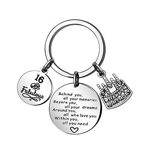 CAROMAY Birthday Cake Keychain Rings Charm Key Chain Tags Friendship Family Gift Women Men Son Daughter Behind You All Love You (16th Birthday)