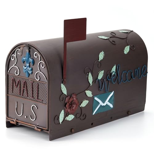 Image of Vintage Metal Post-Mount Mailbox, Decorative Mailboxes for Outside with Floral & Welcome Design