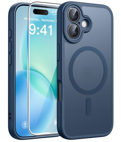 Image of FNTCASE for iPhone 16 Case [Compatible with Magsafe] Translucent Matte Cases with [Screen Protector] Military Grade Shockproof Protective Phone Cover - Blue