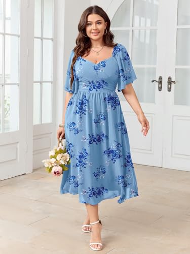 Image of SHESTARR Women's Plus Size Midi Dress Sweetheart Neck Short Sleeve Wedding Guest Cocktail A Line Flowy Dress