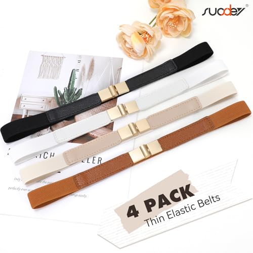 SUOSDEY 4 Pack Women Skinny Elastic Belt, Ladies Stretch Belt for Dresses Pants Thin Waist Gold Buckle Belt3