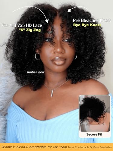 Image of Kinky Curly Human Hair Glueless Wigs Bye-Bye Knots 180% Density Pre Cut 7x5 Lace Front Middle Part Micro Twist Curly Wig with Finger Coils End for Natural Afro Texture Pre Plunked Knots 22Inch