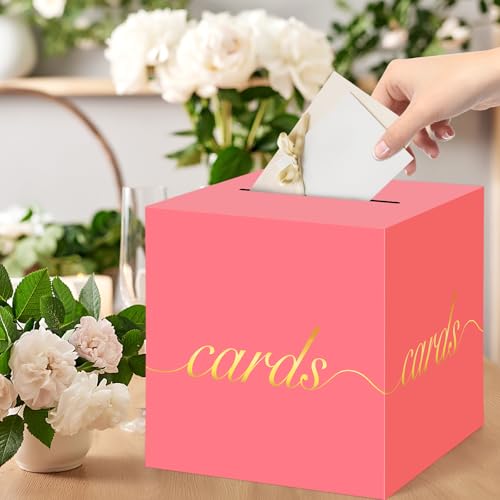 Image of Light Red Card Box Gold Foil Wedding Favors Gift Card Boxes Post Box Receiving Money Box Holder for Wedding Reception, Baby Showers, Anniversary, Birthday Party, Retirement, Graduation Envelope Holder