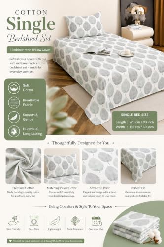 Image of IVAZA 220 TC Soft Ezyption Cotton Floral Single Bed Sheet - Single bedsheet with 1 Pillow Cover Hypoallergenic, Brethable, (Size- 90 x 60 Inch Grey Leaf