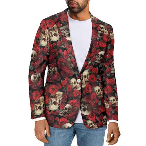 Psaytomey Mens One Button Blazer Red Rose Halloween Skull Lightweight Notched Lapel Halloween Blazer for Men Plus Size Casual Sports Coats Suit Jacket for Prom Party