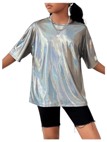 Image of Verdusa Girl's Metallic Oversized T-Shirt Disco Outfits Crew Neck Loose Y2k Dance Tops