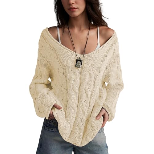 Oversized Sweaters for Women Pullover V-Neck Casual Tops Long Sleeve Warm Chunky Knit Trendy Outfits