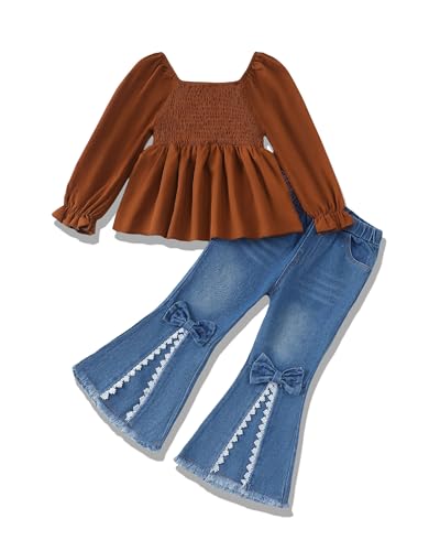 Image of XUANHAO Toddler Girls Clothes Puff Sleeve Smocked Shirt Flare Jeans Pant Outfits for Girl Bell Bottom Kids Girls Clothing Set