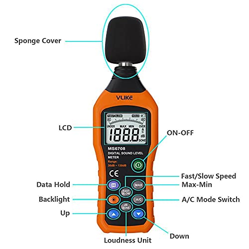 Vlike Noise Sound Level Meter, Digital Decibel Meter With Lcd, Audio Measurement 30 Db To 130 Db, Db Meter With A And C Frequency Weighting For Sound Level Testing #TOP1