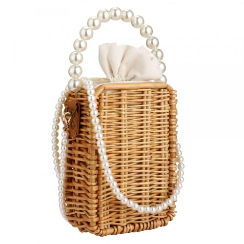 Image of Beach Bag Purse for Women, Natural Hand-woven Rectangular Wicker Handbag, Pearl Basket Purse, Retro Summer Straw Tote Bag