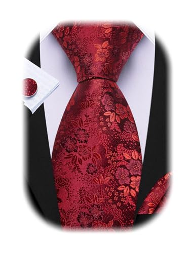 Image of Barry.Wang Flower Ties for Men Handkerchief Cufflinks Set Wedding Necktie Set Party