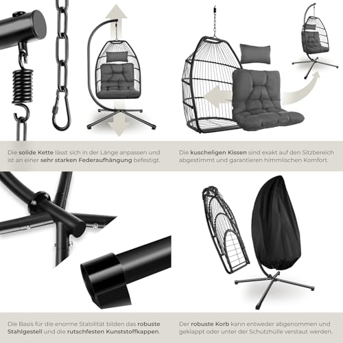 tectake® Hängesessel mit Gestell, Dicke Kissen, Möbel, Deko für Wohnzimmer, Jugendzimmer, Balkon, Outdoor oder Indoor Schaukel Sessel, Kinder & Erwachsene, belastbar bis 160kg - dunkelgrau 5