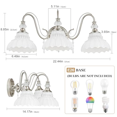 Image of Brushed Nickel Bathroom Vanity Light, 3-Light Nickel Finish Wall Sconce with Hanging Crystal Accents and Flower-Shaped White Glass Shades, Modern Wall Mount Vanity Light Over Mirror for Bathroom