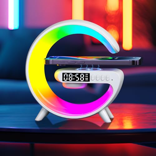 Suewidfay 15W Chargeur sans fil Lampe Led Réveil Lampe d'ambiance Lampe de table intelligente avec haut-parleur Bluetooth Feux de course éblouissants 10 Modes Lumières pour bureau Chambre Cadeau