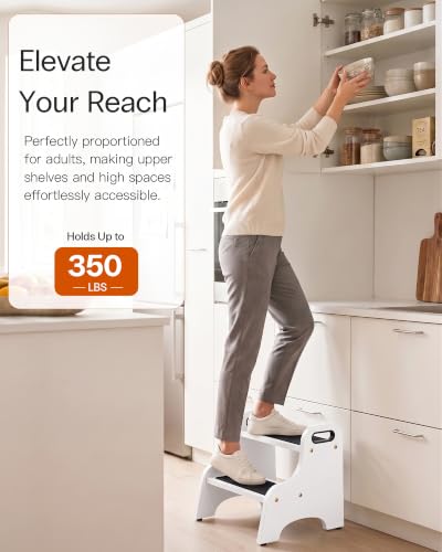 Image of StrongTek Wood 2 Step Stool, White | Non-Slip Surface, Portable Handles, Skid Resistant Foot Pads, 350 lb Capacity