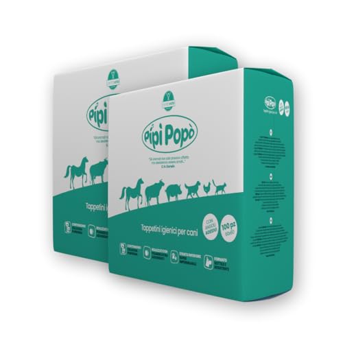 Centrovete - PipiPopo Tappetini Igienici Assorbenti Monouso - Per Cani e Gatti - Traversine con Design a 5 Strati - Angoli Adesivi e Neutralizzazione degli Odori - 2 Confezioni da 100 Pezzi - 60x60cm