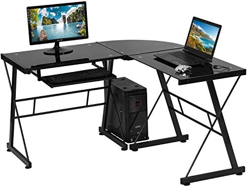 L Shaped Computer Desk,Gaming Desk Home Office Corner Desk Toughened Glass Writing Study PC Modern Executive Table with Keyboard CPU Stand for Kids Student Women Men